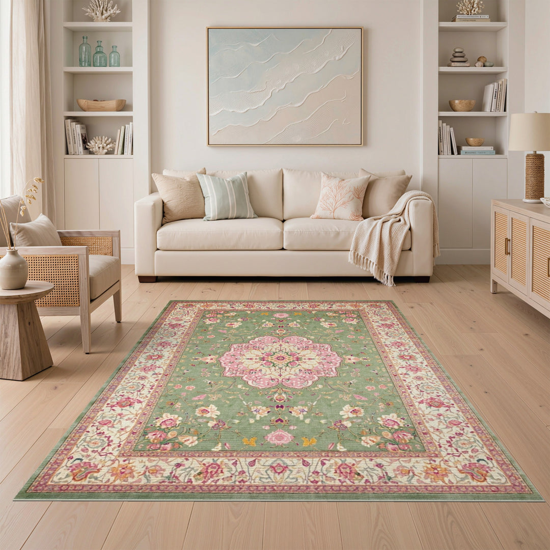 Green Floral Vintage Rug with Pink Medallion