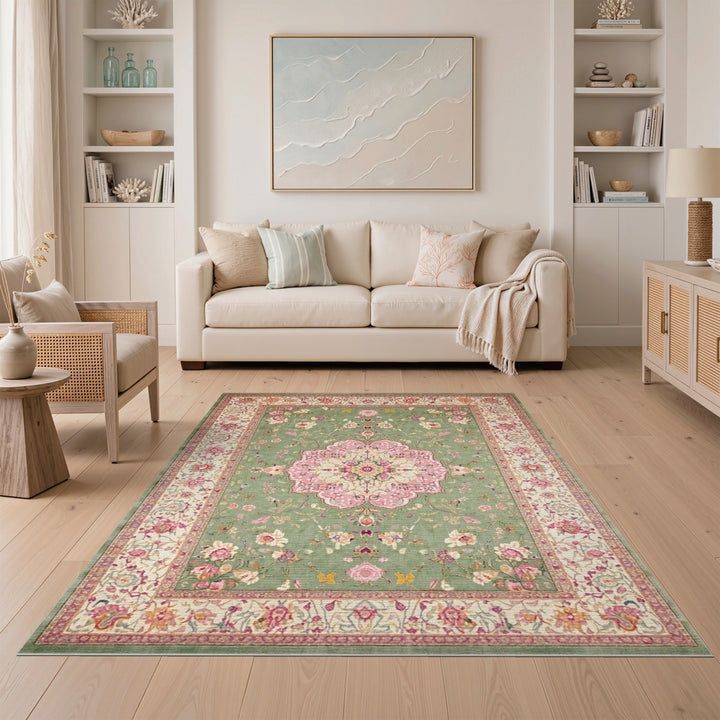 Green Floral Vintage Rug with Pink Medallion