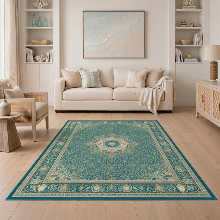 Teal Persian Medallion Area Rug with Floral Border