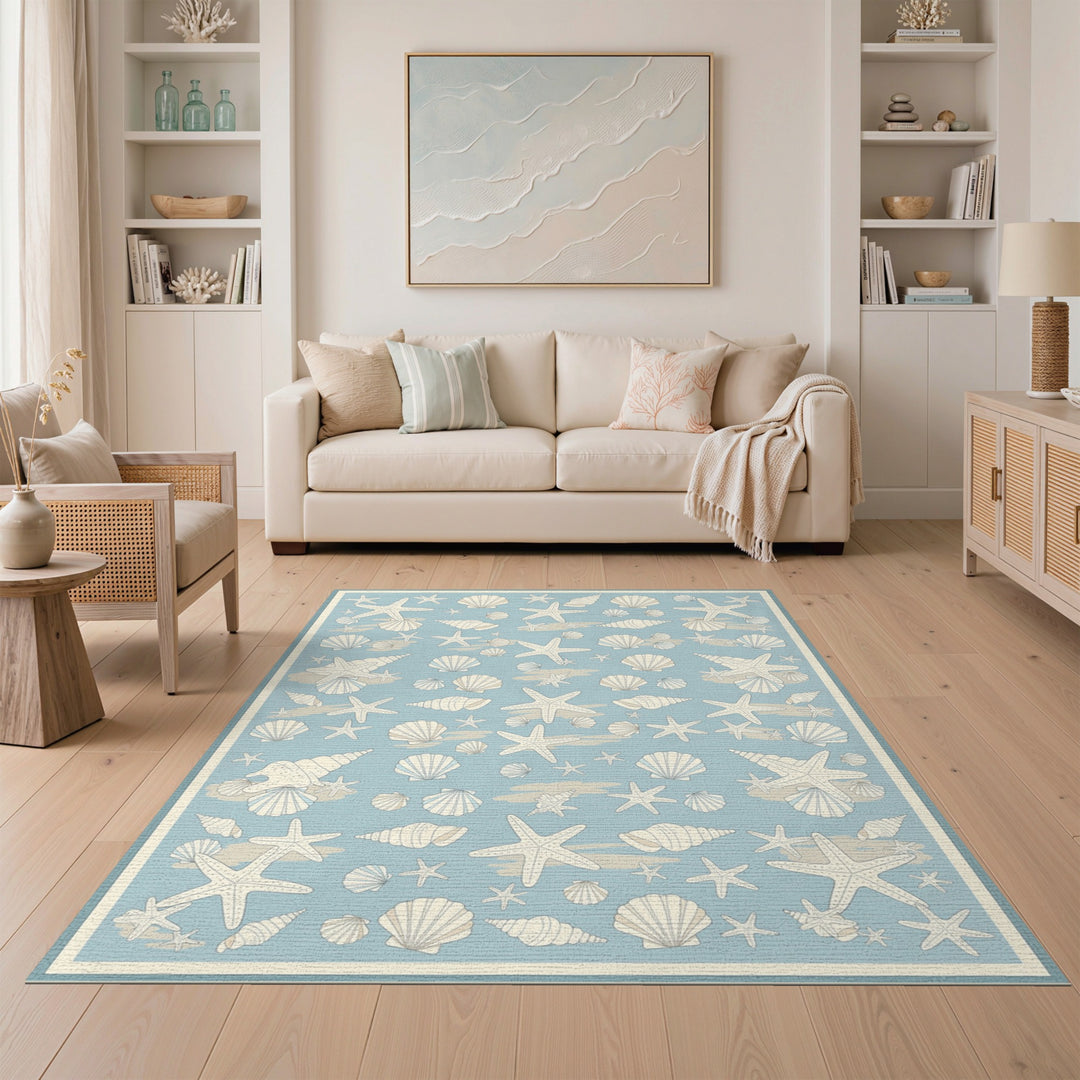 Blue Coastal Seashell Starfish Washable Area Rug