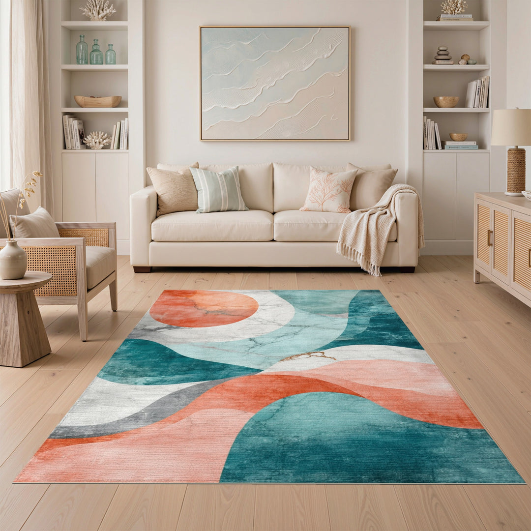 Abstract Teal Coral Marble Area Rug