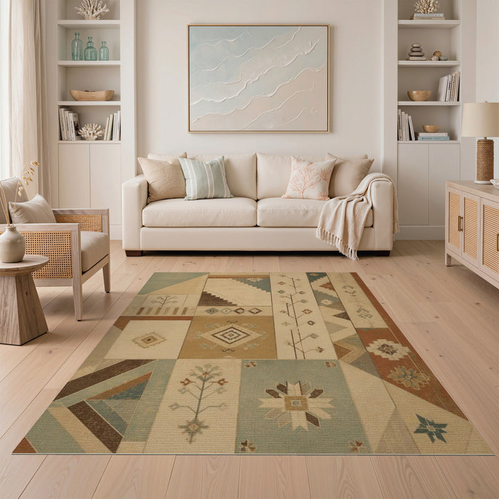 Heritage Tribal Patchwork Area Rug in Beige