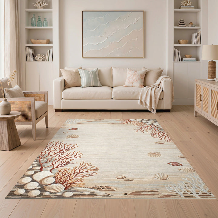 Beige Coastal Coral Seashell Area Rug