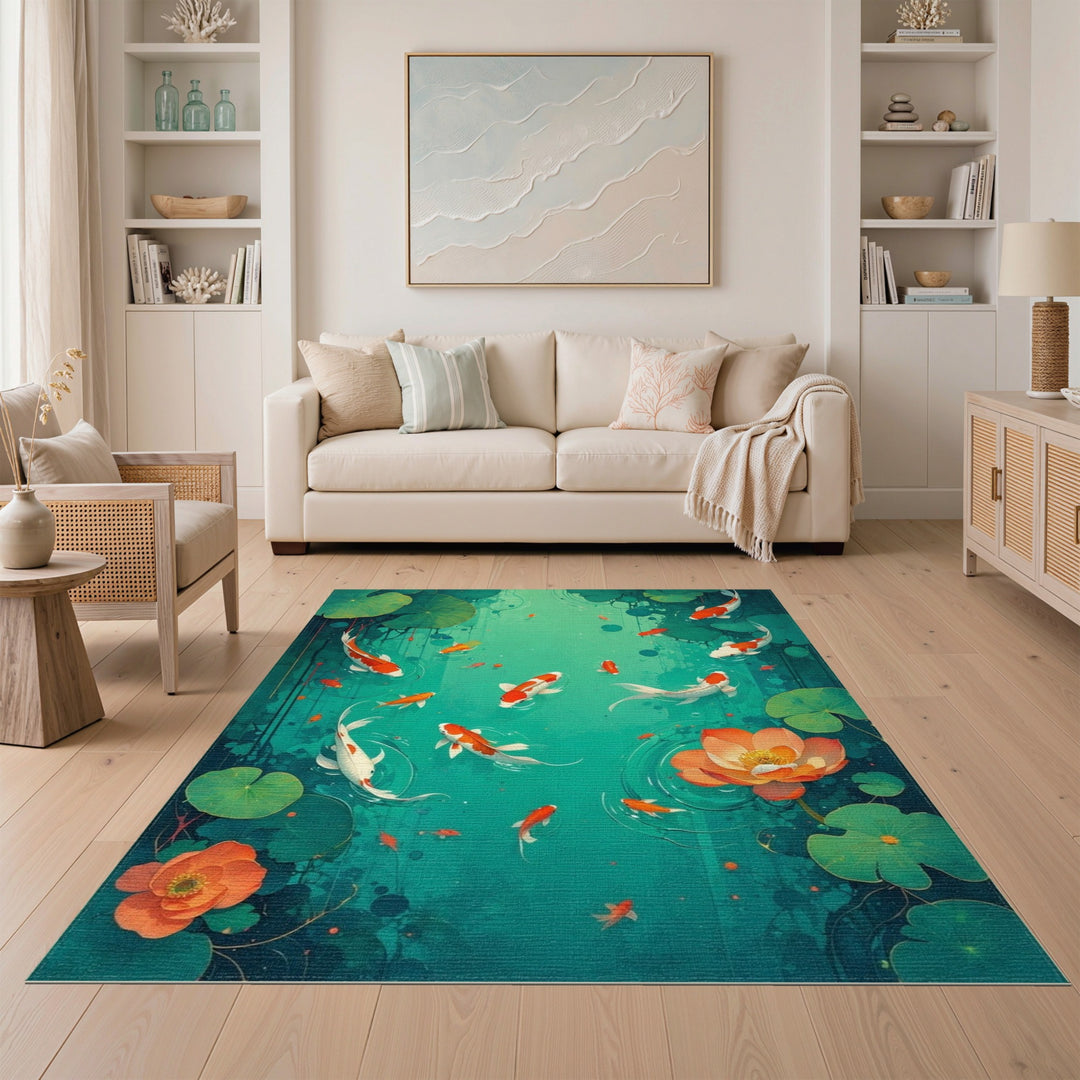 Teal Koi Lotus Pond Area Rug