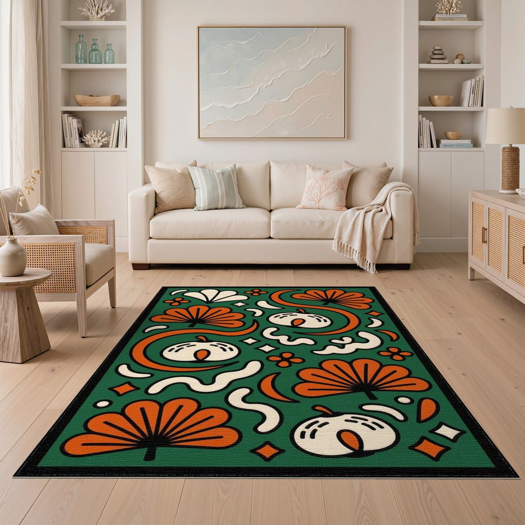 Green Floral Swirl Area Rug