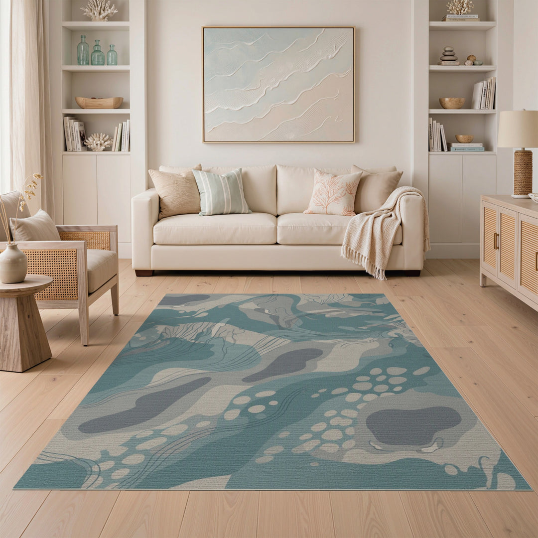 Blue Teal Abstract Flow Washable Area Rug