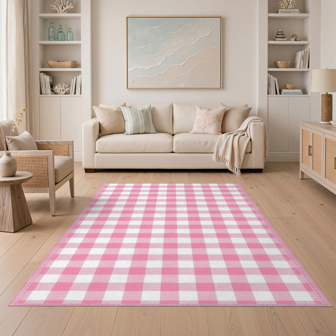 Rustic Farmhouse Pink Gingham Check Washable Area Rug