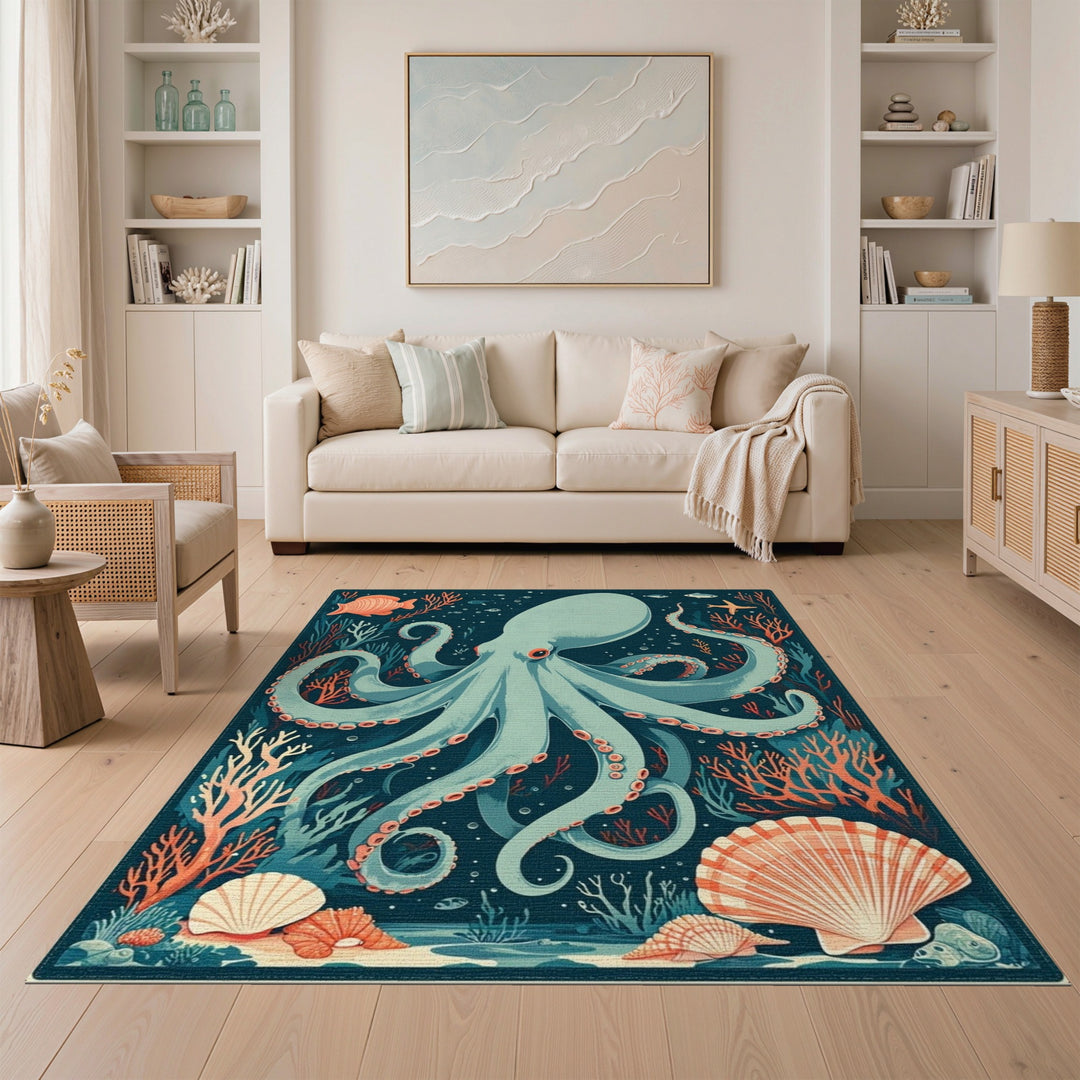 Octopus Teal Coastal Area Rug