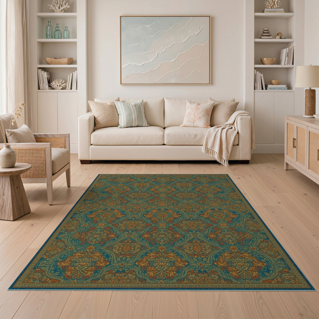 Blue and Teal Persian Medallion Area Rug with Orange Accents