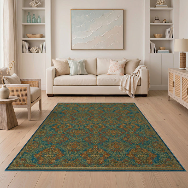 Blue and Teal Persian Medallion Area Rug with Orange Accents