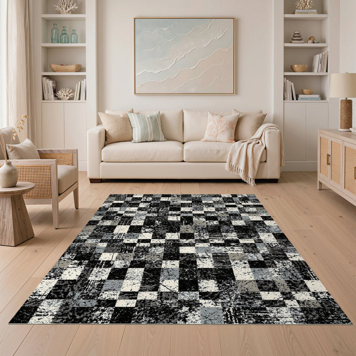 Distressed Black White Checkered Area Rug