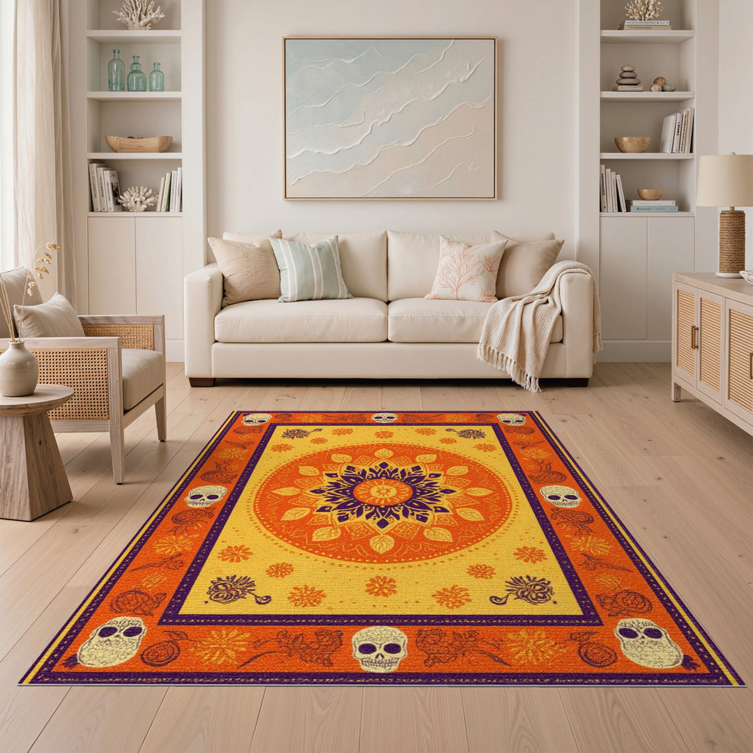 Vibrant Orange Mandala Skull Boho Rug