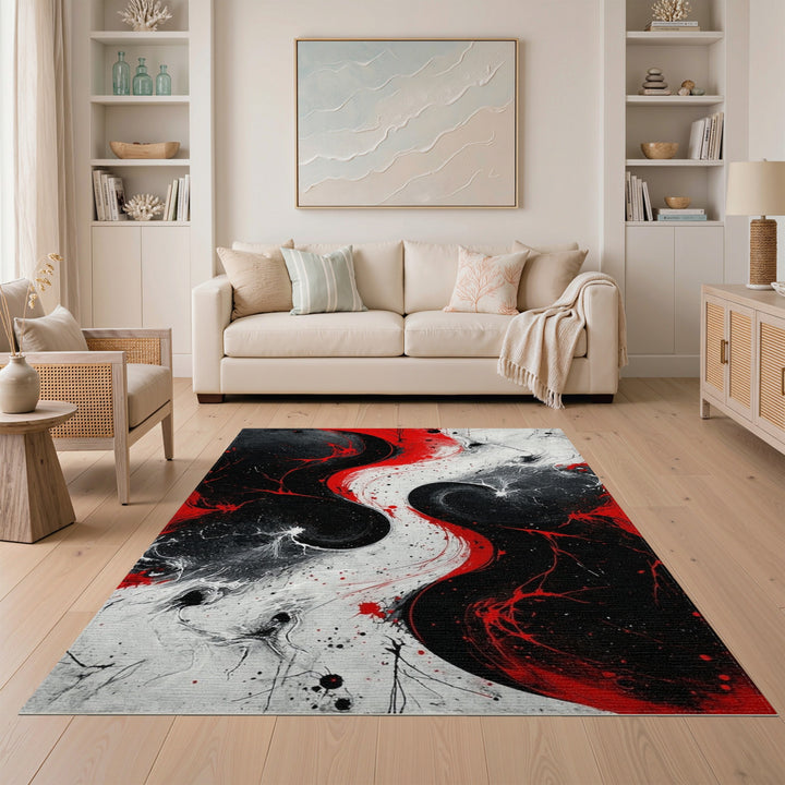 Bold Red Black Swirl Abstract Area Rug
