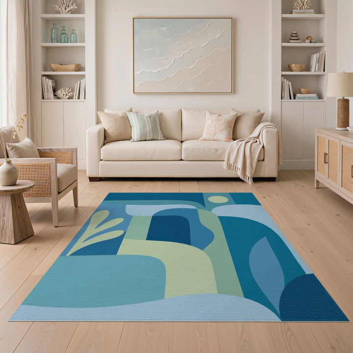 Blue Teal Abstract Washable Area Rug