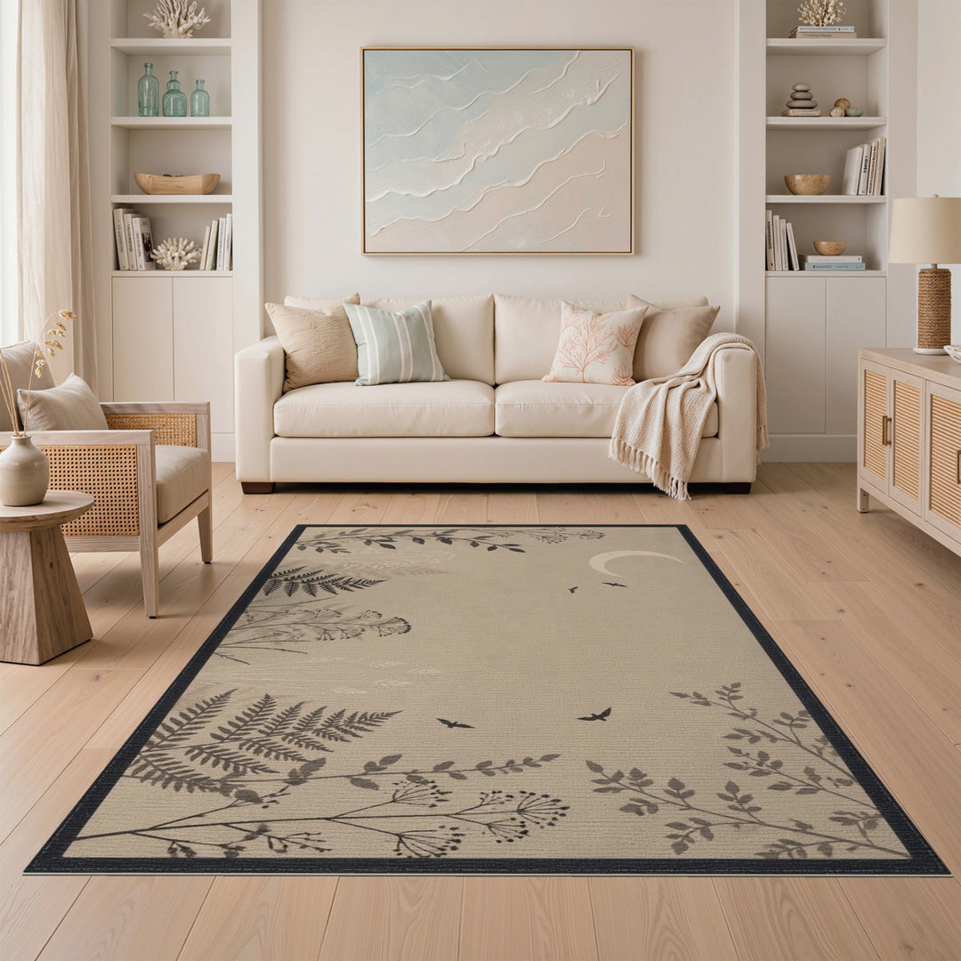 Boho Chic Beige Moon Birds Fern Area Rug