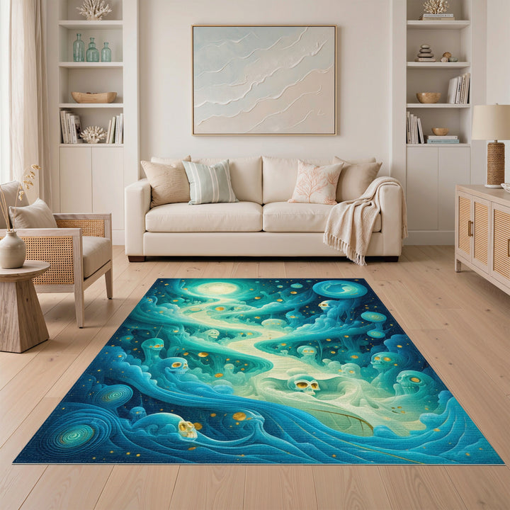Mystic Skull Wave Blue Teal Area Rug