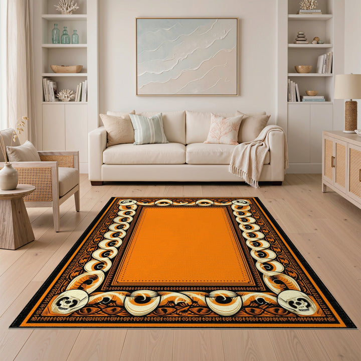Orange Skull Tribal Border Area Rug