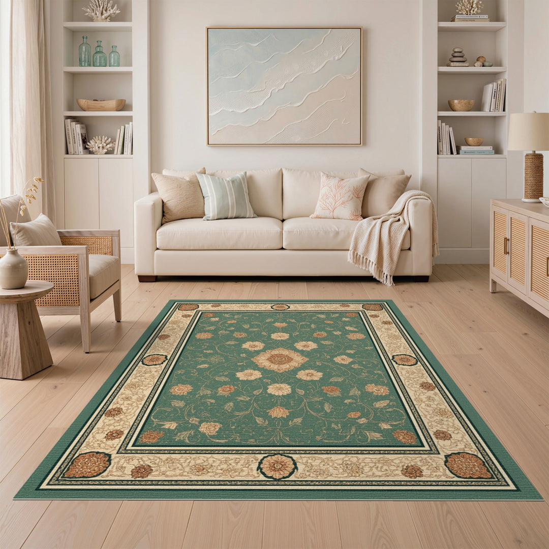Teal Floral Vintage Area Rug with Cream Border