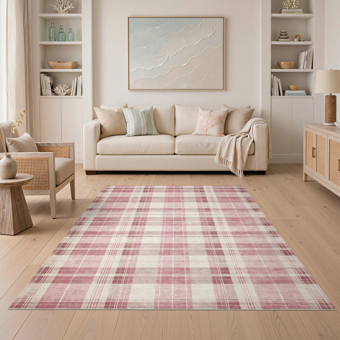 Pink Plaid Washable Area Rug
