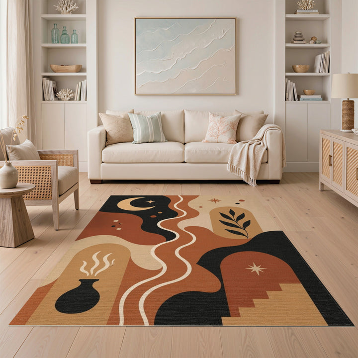 Boho Chic Brown Tan Area Rug with Moon and Arch