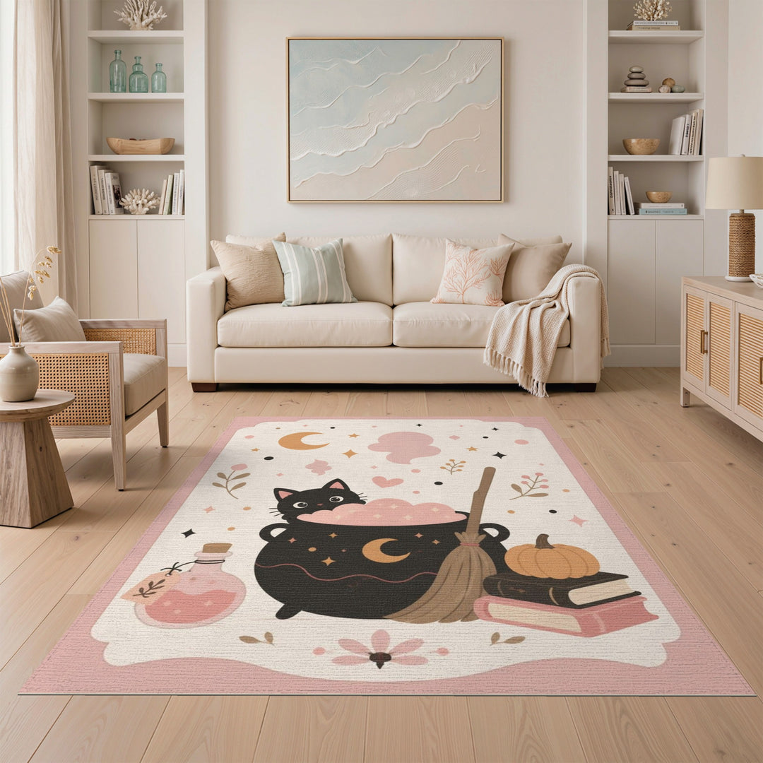Pink Witch Cat Cauldron Kids Area Rug