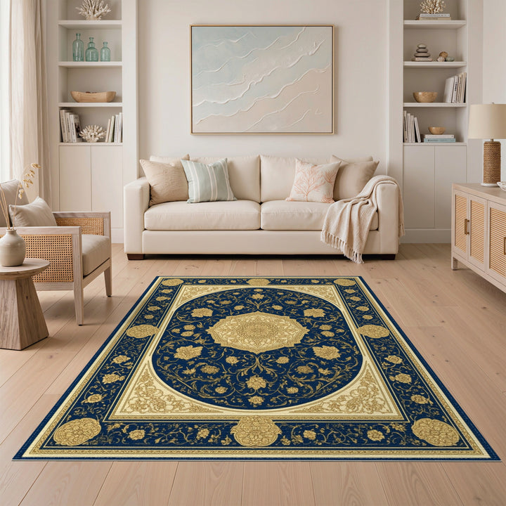 Navy Blue Gold Floral Medallion Persian Rug