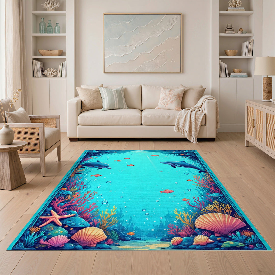 Dolphin Reef Blue Teal Coastal Area Rug