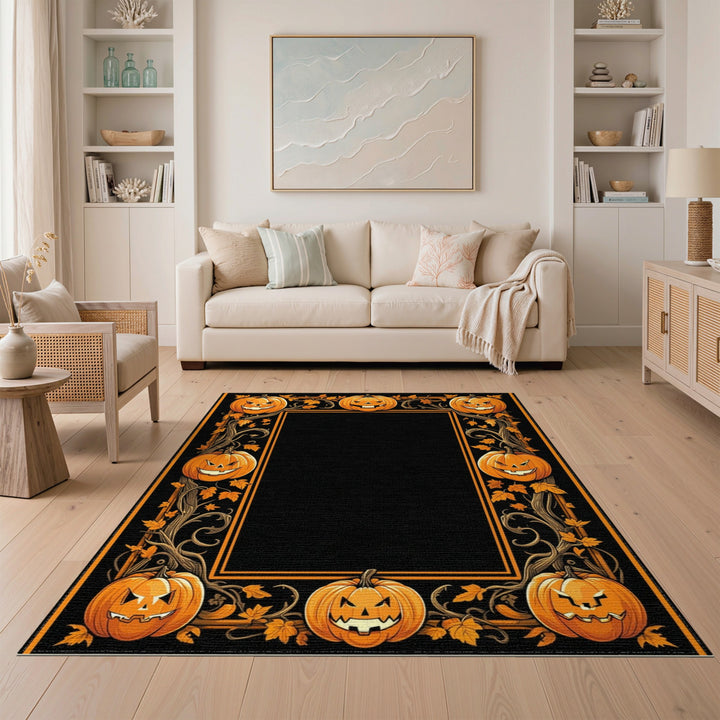 Orange Jack-o'-Lantern Pumpkin Border Area Rug