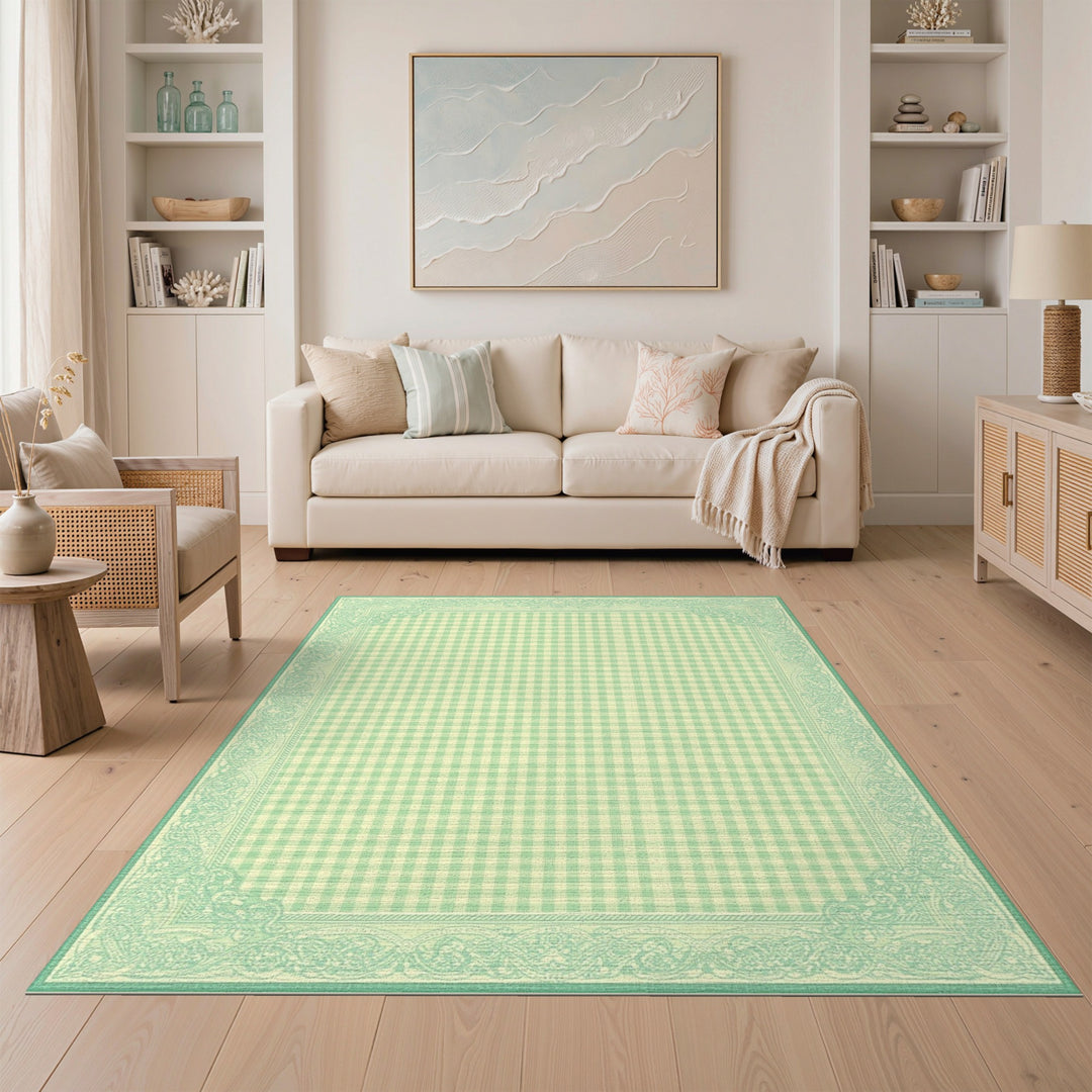 Green Gingham Checkered Area Rug with Ornate Border