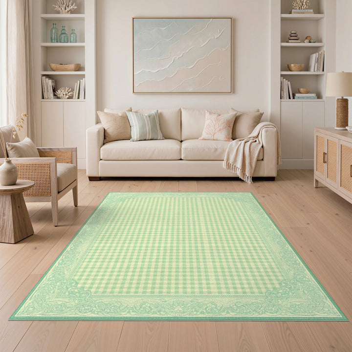 Green Gingham Checkered Area Rug with Ornate Border