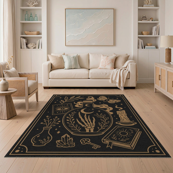 Mystical Potion Bottle Gold Area Rug