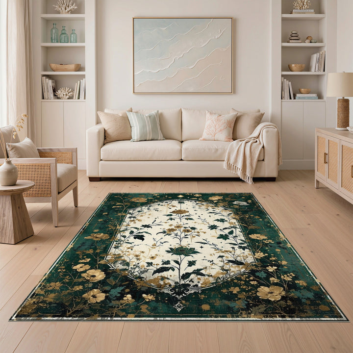 Green Gold Floral Vintage Floral Vintage Area Rug