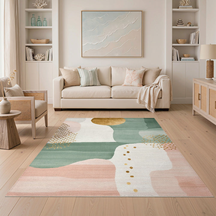 Abstract Teal Pink Gold Dot Area Rug