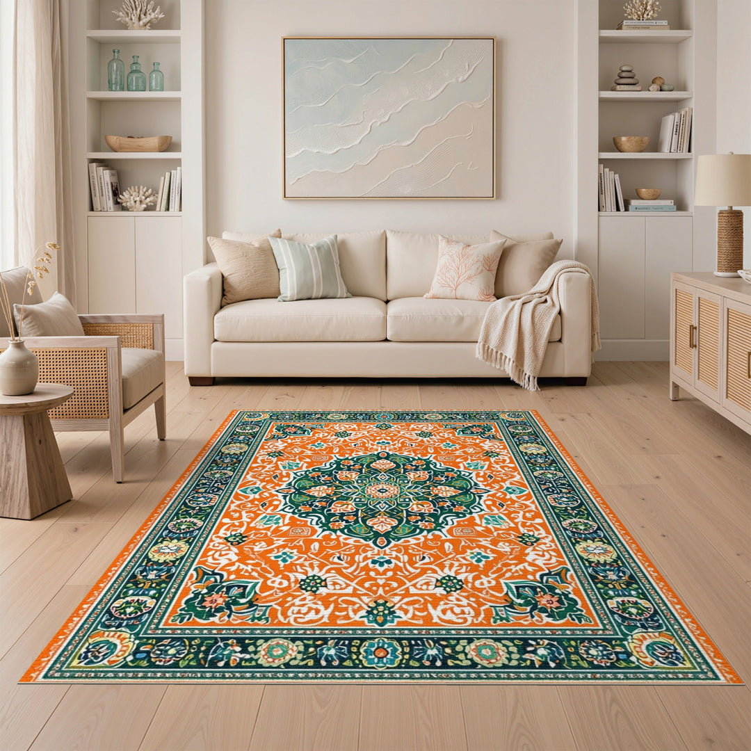 Orange Vibrant Orange Floral Medallion Area Rug
