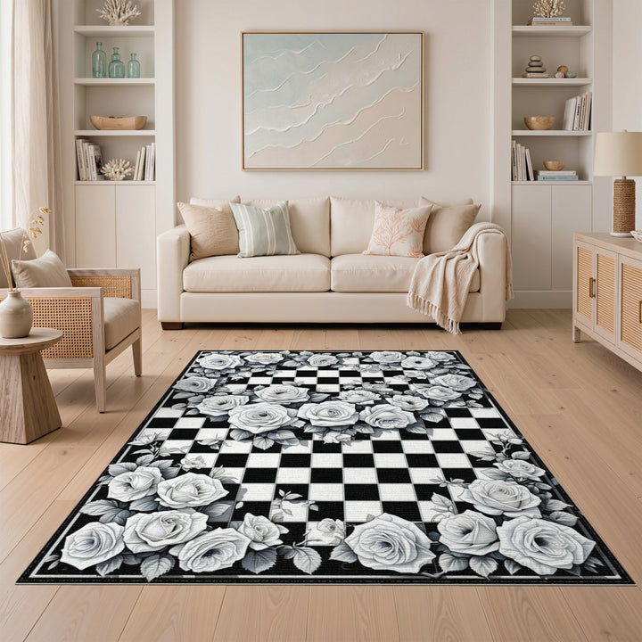 Black White Rose Checkerboard Area Rug