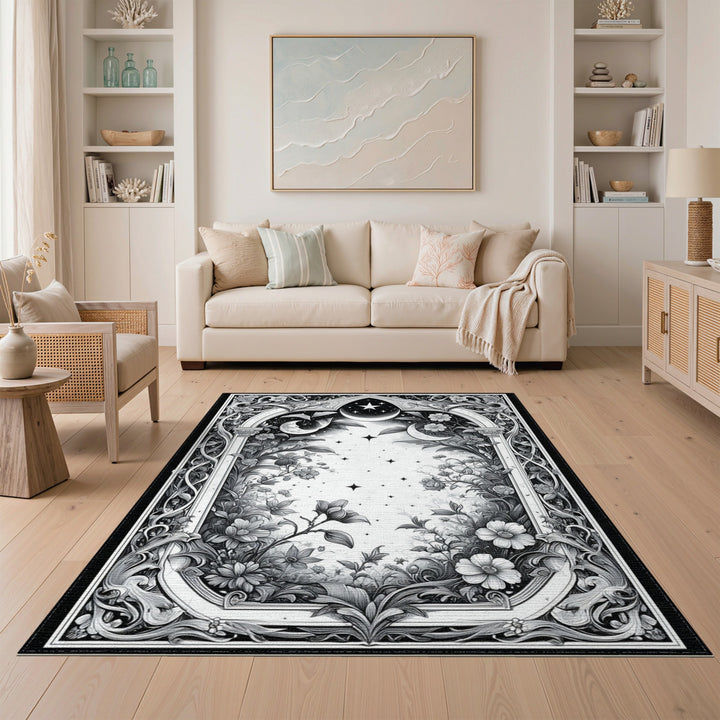 Black and White Celestial Floral Black White Area Rug