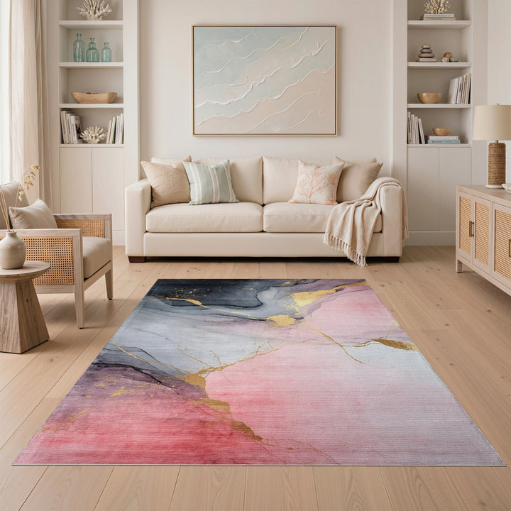 Pink Grey Gold Abstract Marble Area Rug