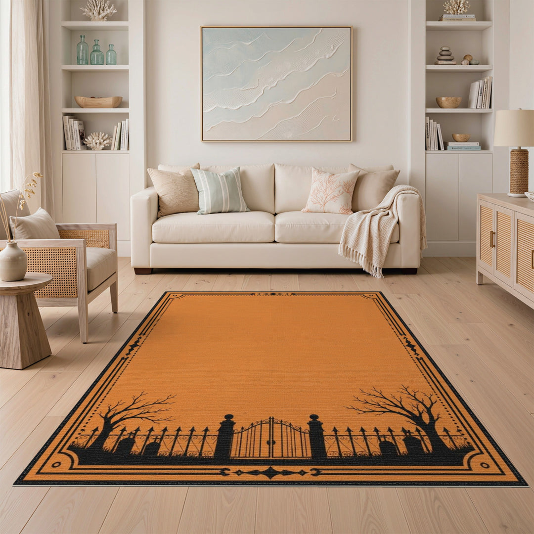 Orange Graveyard Gate Silhouette Area Rug