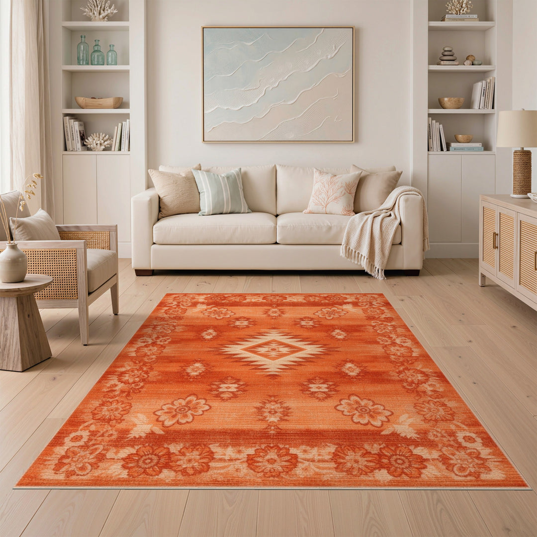Orange Southwestern Area Rug with Floral Border