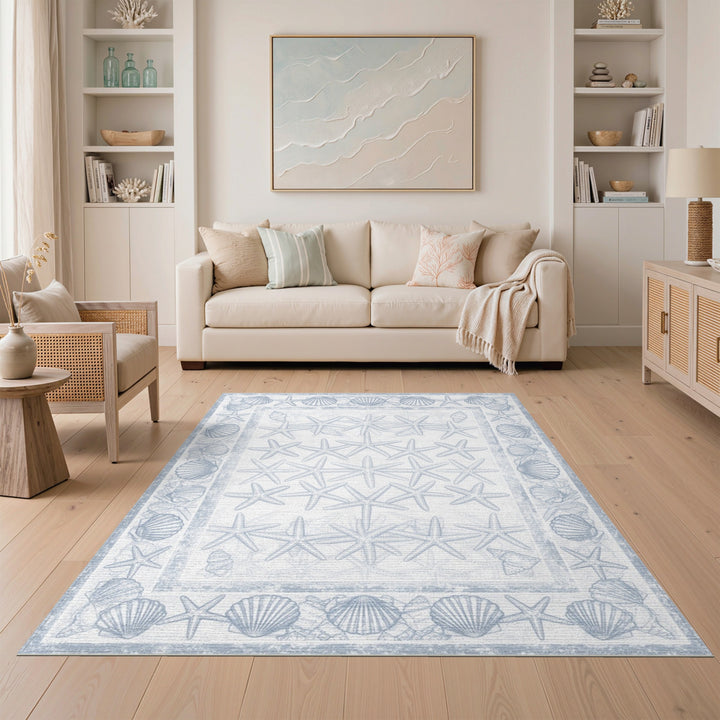 Blue Coastal Starfish Seashell Washable Area Rug