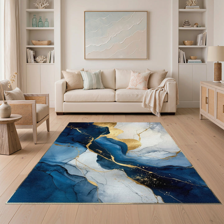 Blue and Teal Navy Blue Gold Marble Abstract Area Rug