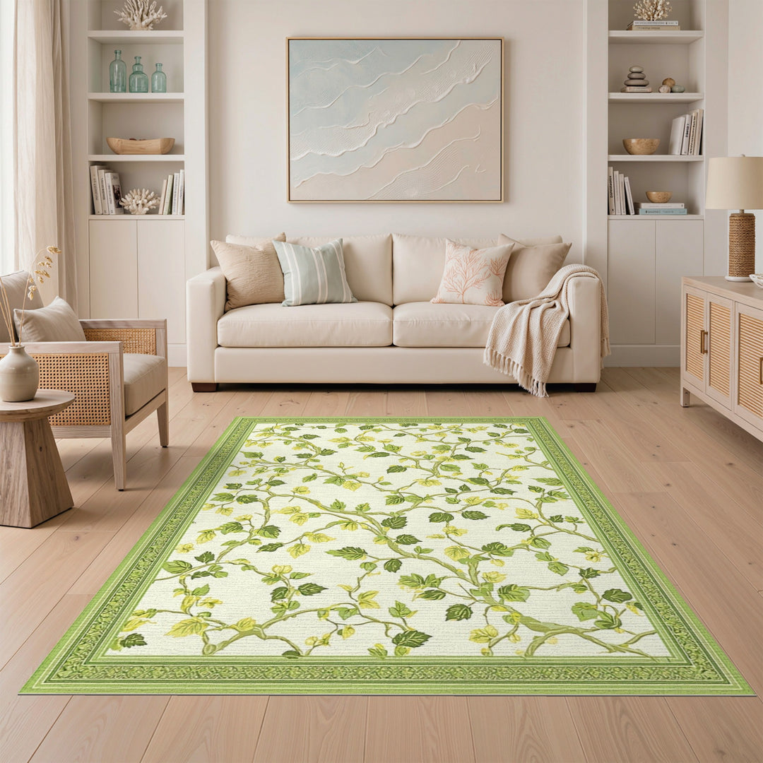 Green Vine Floral Washable Area Rug