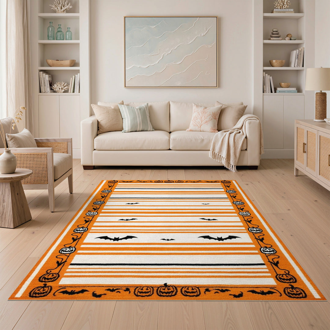 Orange Halloween Striped Area Rug with Bats and Pumpkins