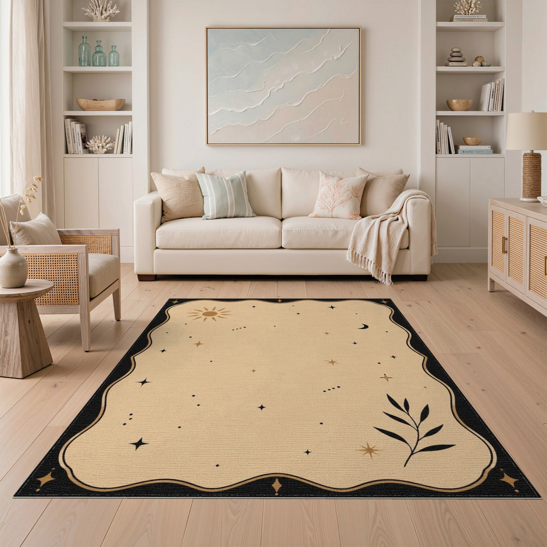 Celestial Beige Boho Area Rug with Sun Moon Stars