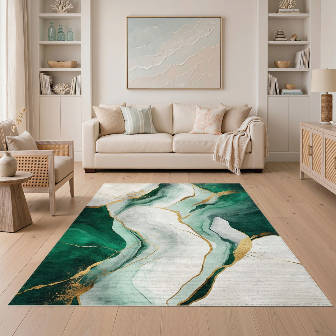 Green Abstract Gold Vein Area Rug