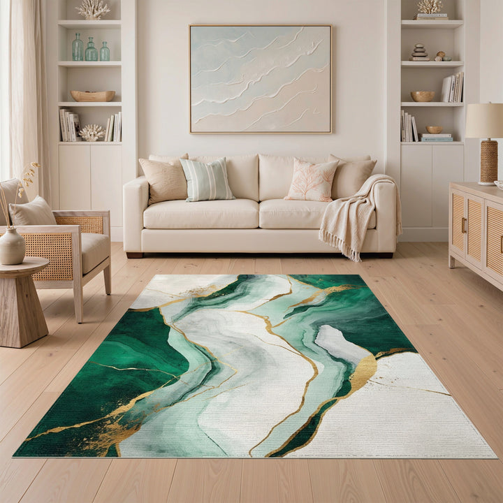Green Abstract Gold Vein Area Rug