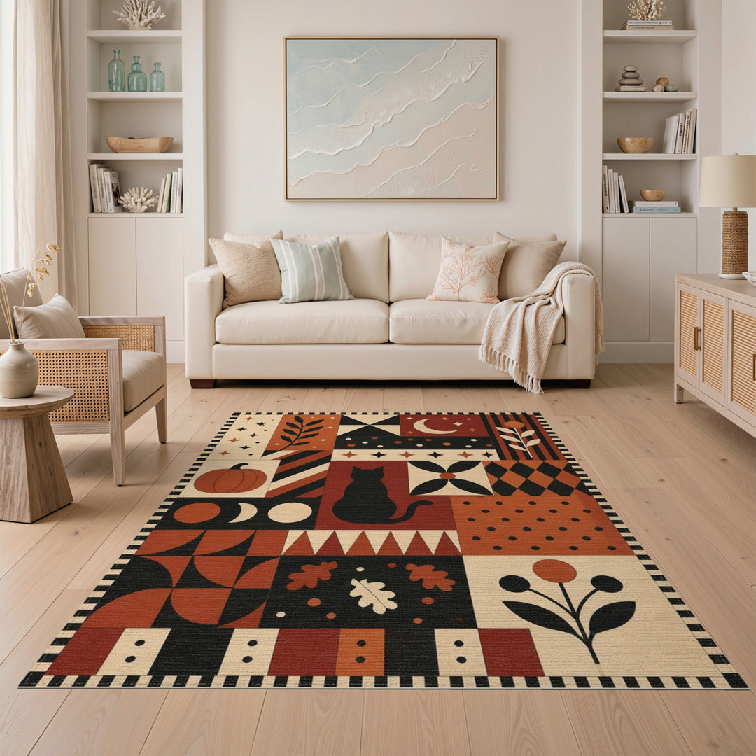 Geometric Black Cat Pumpkin Area Rug