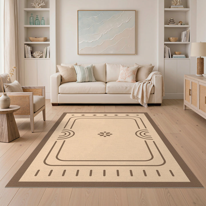 Beige Geometric Area Rug with Brown Motif