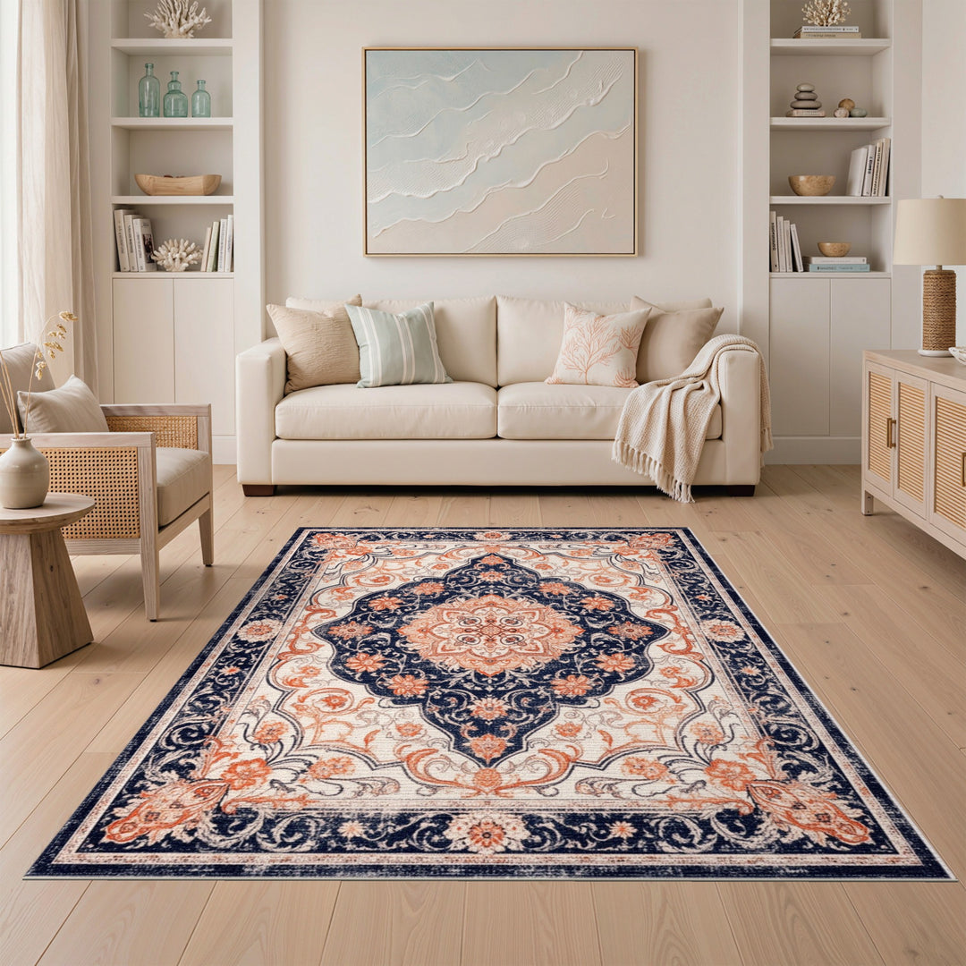 Navy Blue Coral Persian Medallion Area Rug