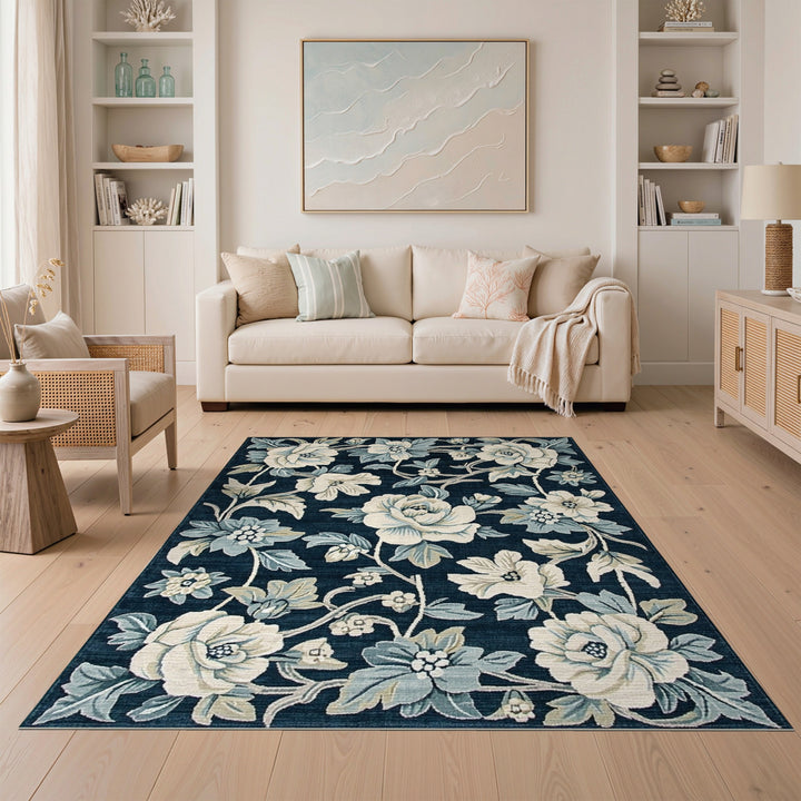 Navy Blue Floral Vintage Area Rug